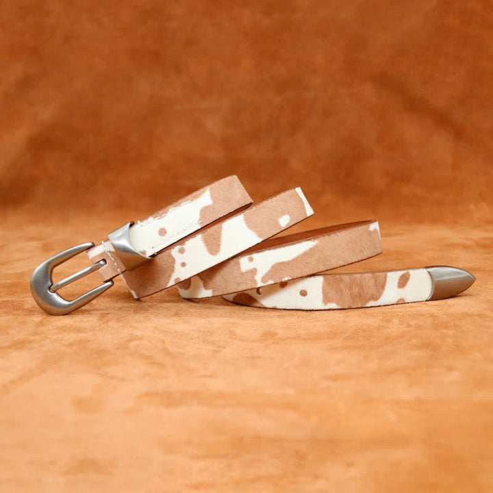 Ceinture en cuir à boucle argentée classique avec imprimé de vache en fausse fourrure