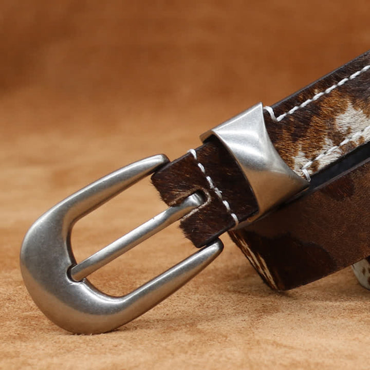 Ceinture en cuir à boucle argentée classique avec imprimé de vache en fausse fourrure