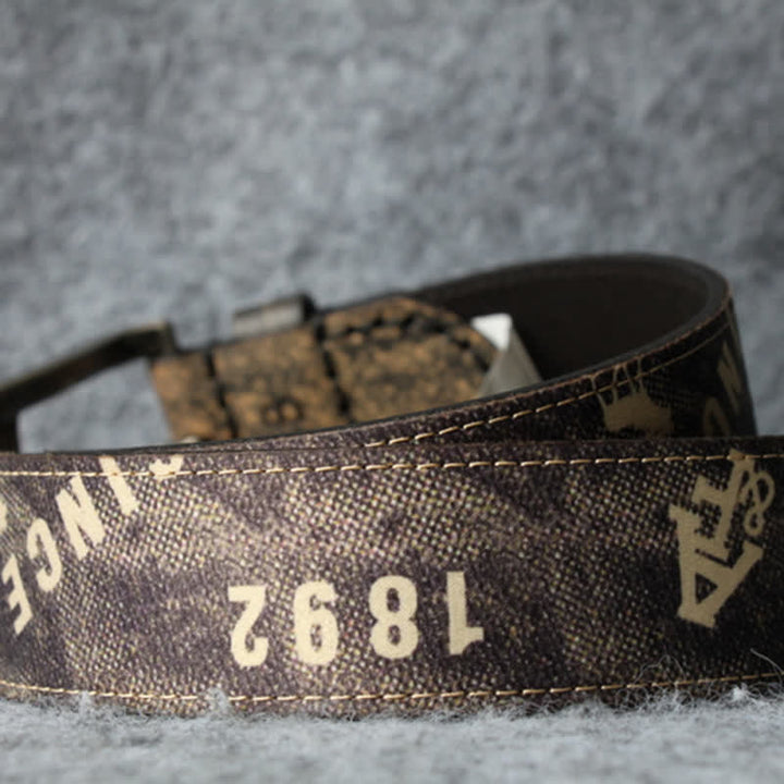 Ceinture en cuir style rétro avec lettres imprimées marron café