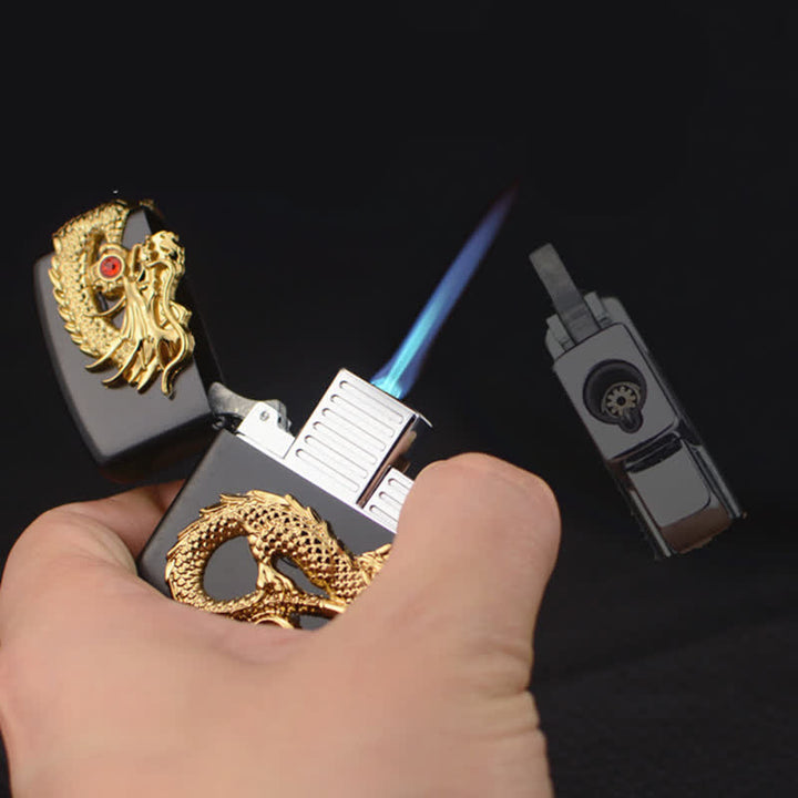 Briquet au butane rechargeable à trois faces en relief avec dragon