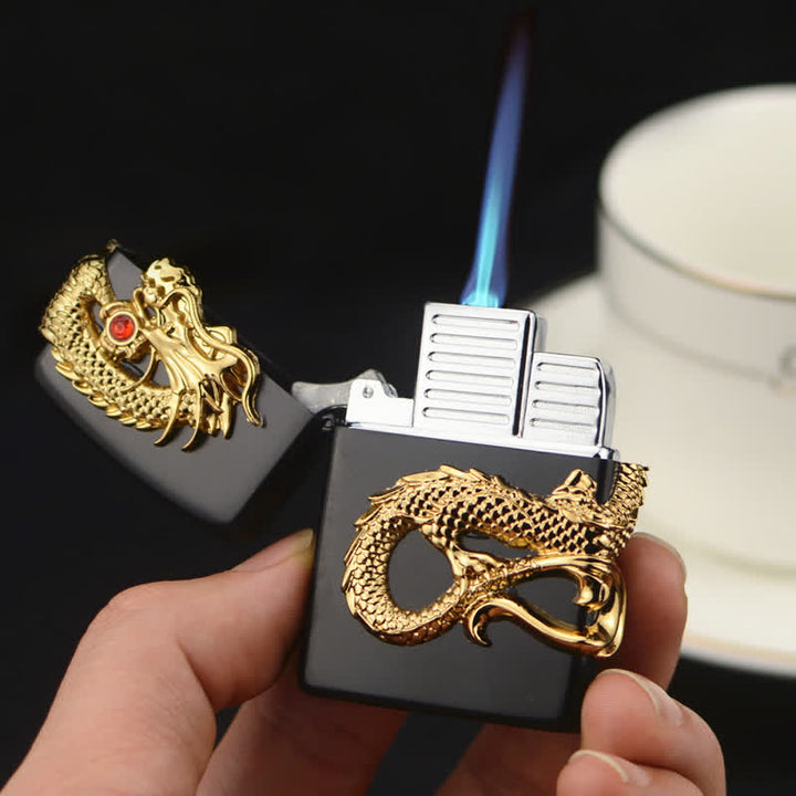Briquet au butane rechargeable à trois faces en relief avec dragon