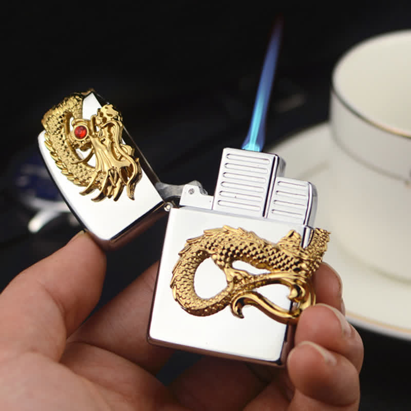 Briquet au butane rechargeable à trois faces en relief avec dragon