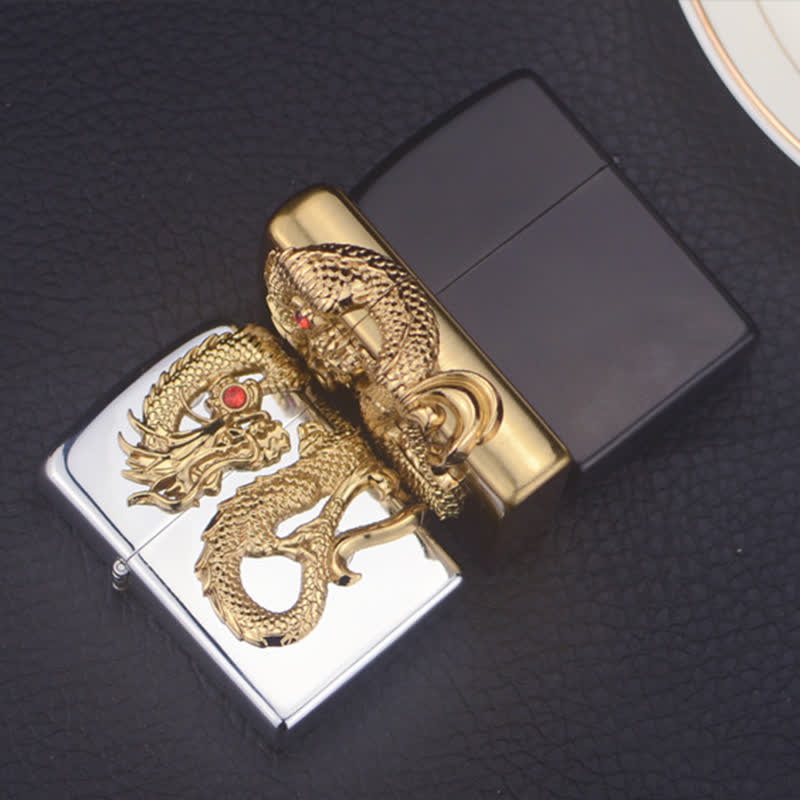 Briquet au butane rechargeable à trois faces en relief avec dragon