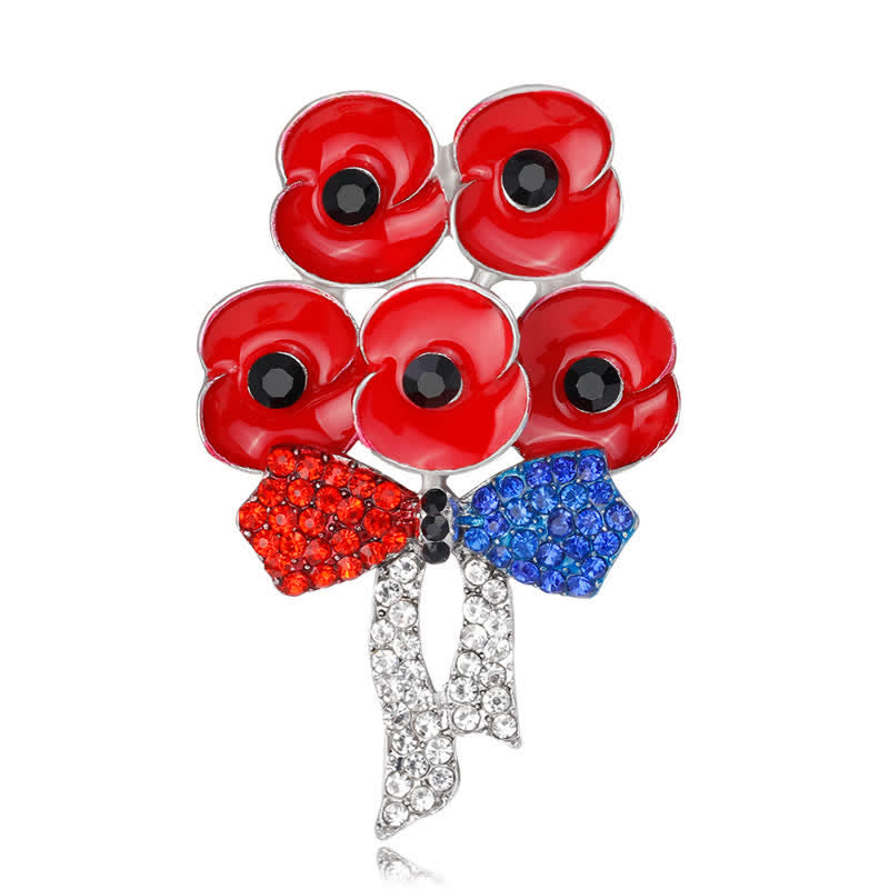 Broche fleur en strass avec noeud papillon et cinq coquelicots rouges