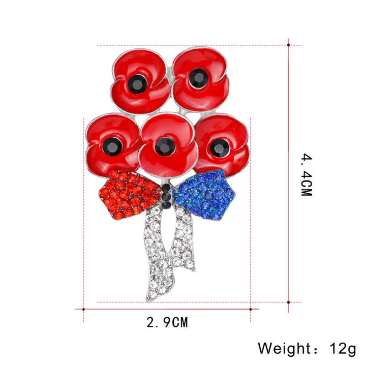 Broche fleur en strass avec noeud papillon et cinq coquelicots rouges