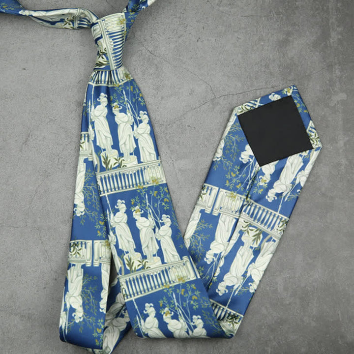 Cravate pour homme bleue et blanche à imprimé portrait de la dame