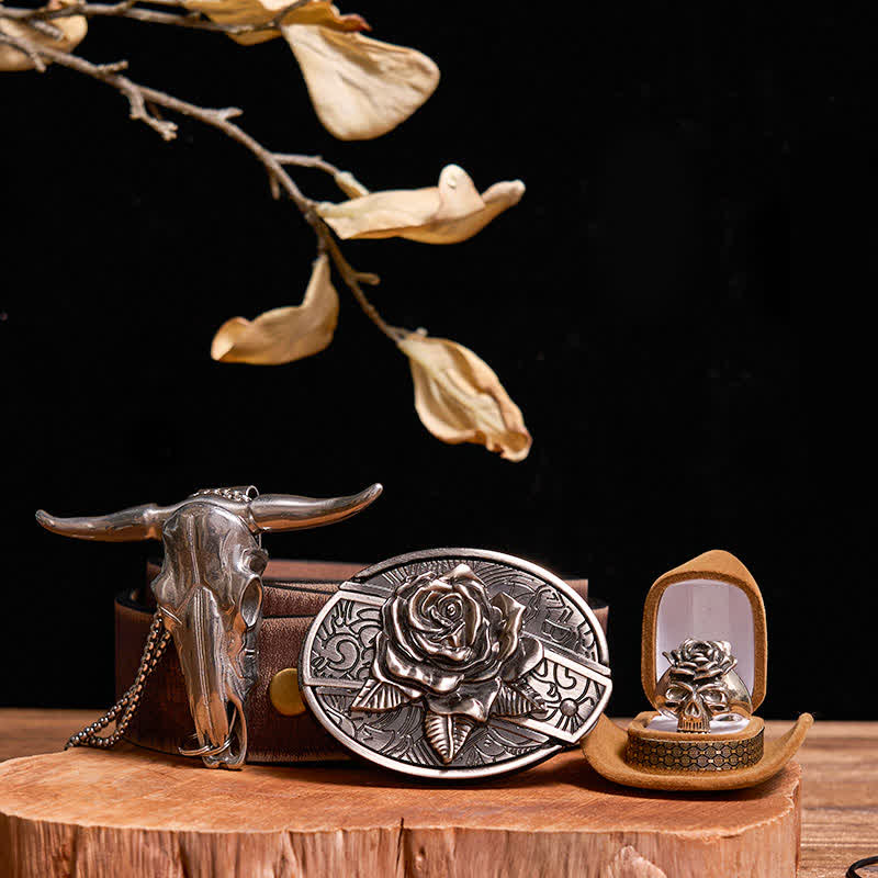 Ensemble de boucles de ceinture, couteau caché, pendentif taureau, crâne et bague rose à faire soi-même - Rose - Ceinture marron vieillie - 42 - image 9