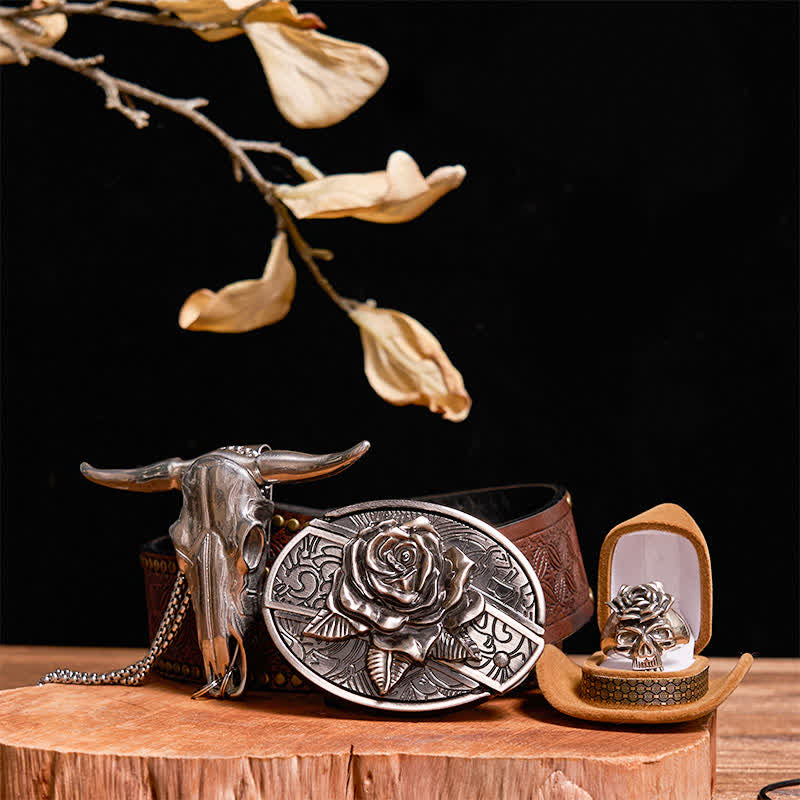 Ensemble de boucles de ceinture, couteau caché, pendentif taureau, crâne et bague rose à faire soi-même - Rose - Ceinture à rivets marron - 42 - image 8