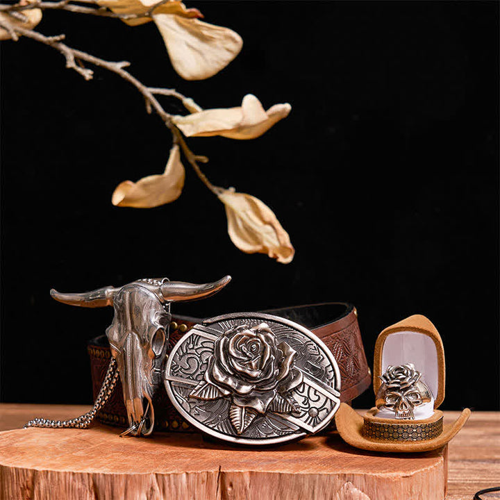 Ensemble de boucles de ceinture, couteau caché, pendentif taureau, crâne et bague rose à faire soi-même - Rose - Ceinture à rivets marron - 42 - image 8