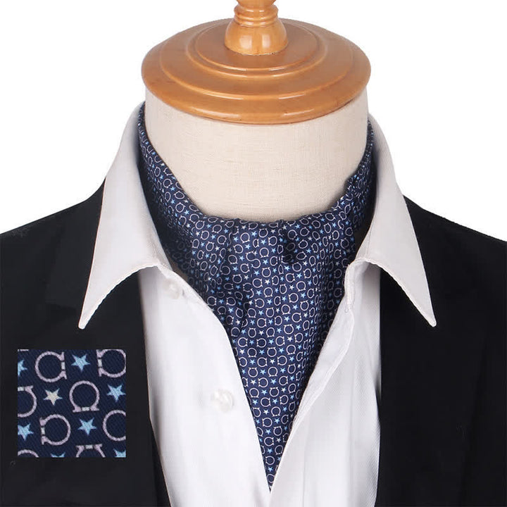 Cravate Ascot bleu marine et noire à motifs géométriques et étoiles