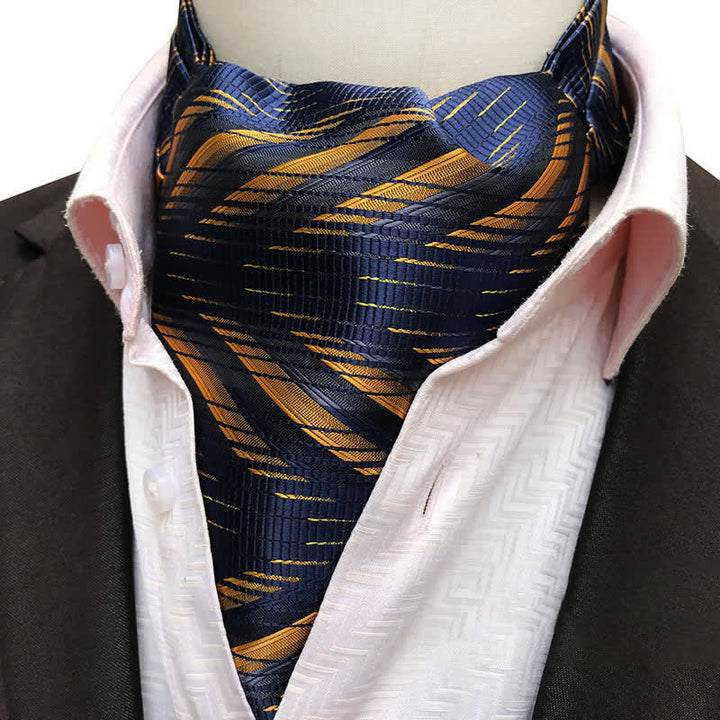 Cravate Ascot formelle à rayures abstraites bleu marine et jaune
