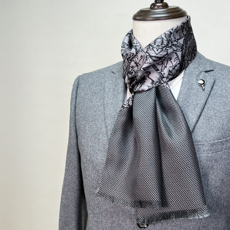 Écharpe longue et fine en pure soie à motif floral et quadrillé double face pour homme - Gris - image 3