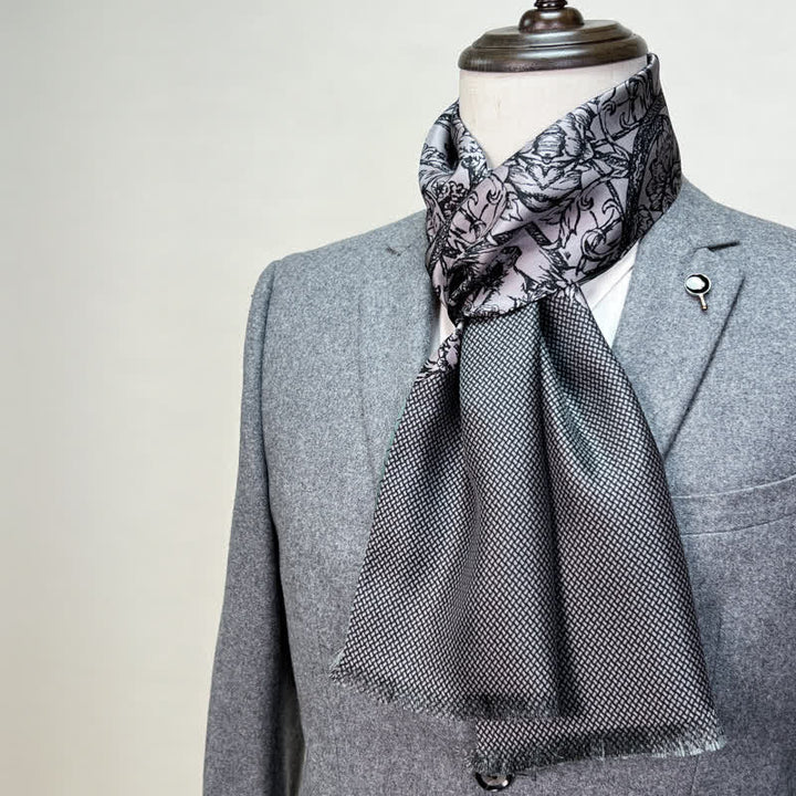 Écharpe longue et fine en pure soie à motif floral et quadrillé double face pour homme - Gris - image 3