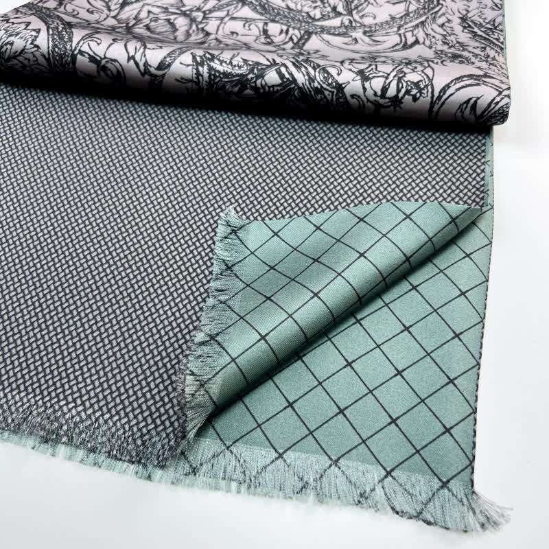 Écharpe longue et fine en pure soie à motif floral et quadrillé double face pour homme