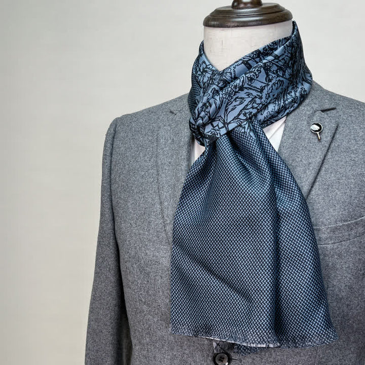 Écharpe longue et fine en pure soie à motif floral et quadrillé double face pour homme - Bleu - image 0