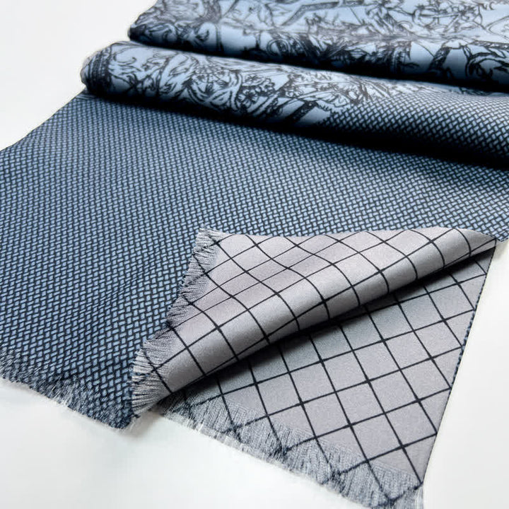 Écharpe longue et fine en pure soie à motif floral et quadrillé double face pour homme
