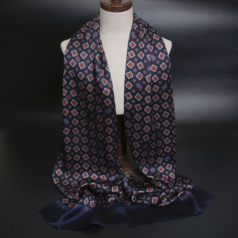 Écharpe longue et fine en pure soie à motif cachemire carré répétitif pour homme - Marine - image 1