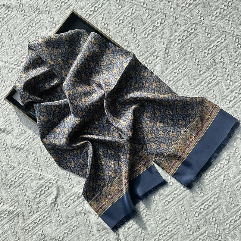 Écharpe longue et fine en pure soie à motif cachemire pour homme, de style britannique - Marine - image 1