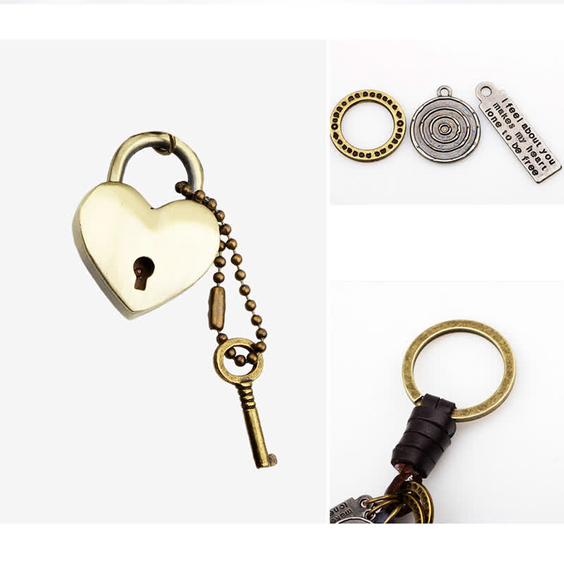 Porte-clés en cuir avec serrure et clé en forme de cœur