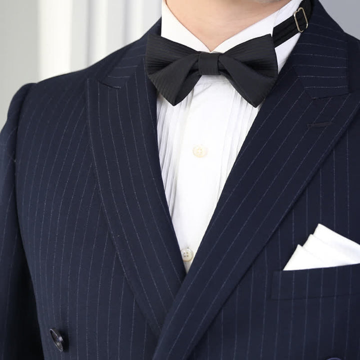 Nœud papillon d'affaires en sergé noir subtil à rayures bleu marine pour homme