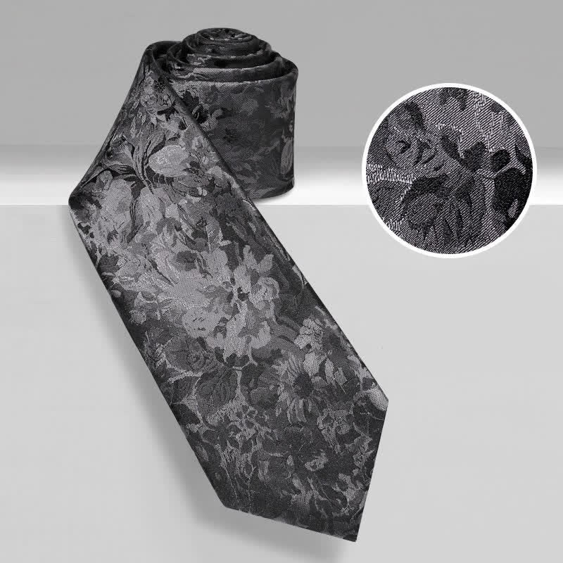 Cravate en pure soie à motif floral gris foncé et noir pour homme