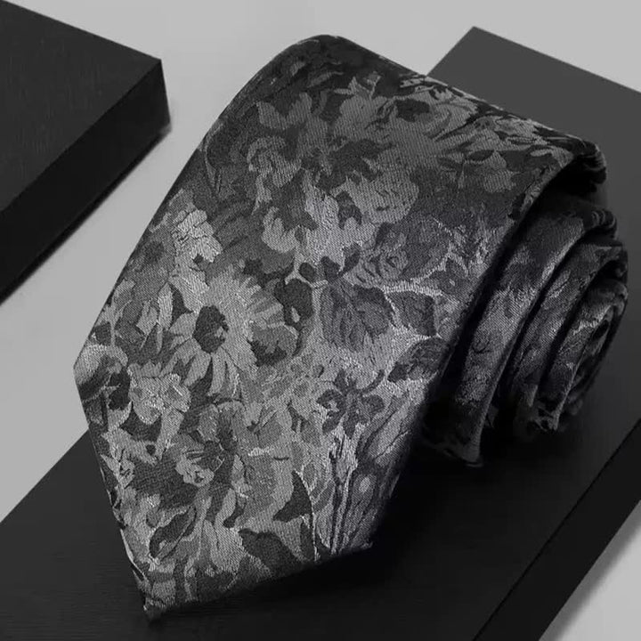 Cravate en pure soie à motif floral gris foncé et noir pour homme