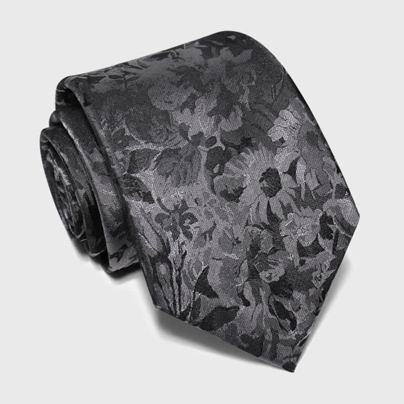 Cravate en pure soie à motif floral gris foncé et noir pour homme