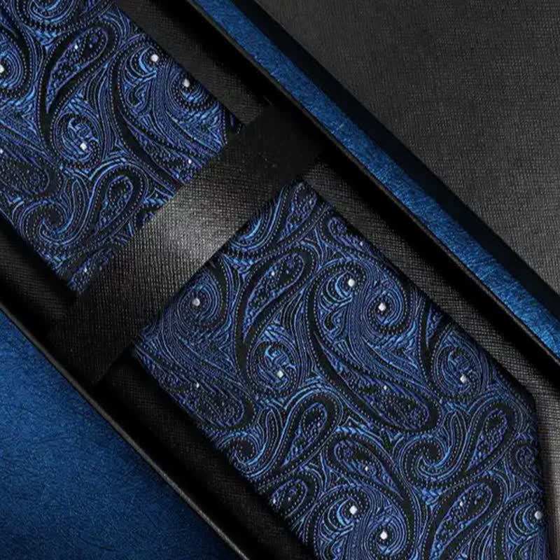 Cravate en soie pure pour homme à motif cachemire bleu foncé et noir