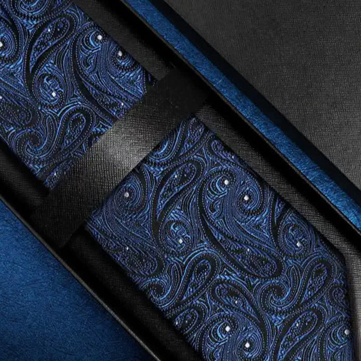 Cravate en soie pure pour homme à motif cachemire bleu foncé et noir