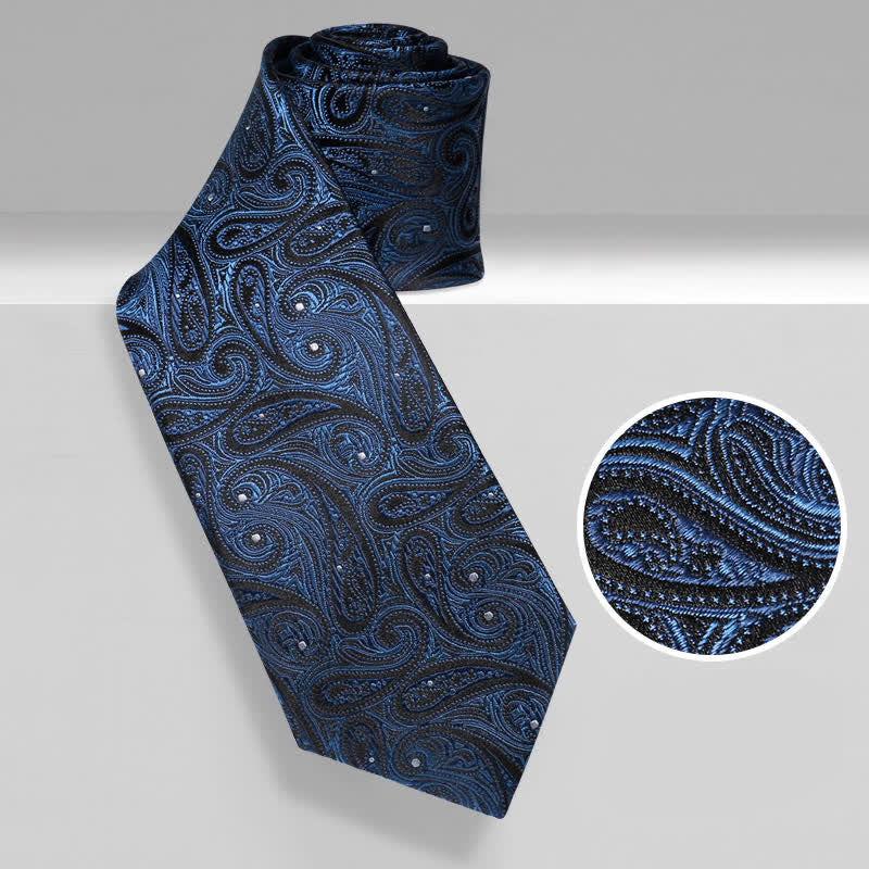 Cravate en soie pure pour homme à motif cachemire bleu foncé et noir