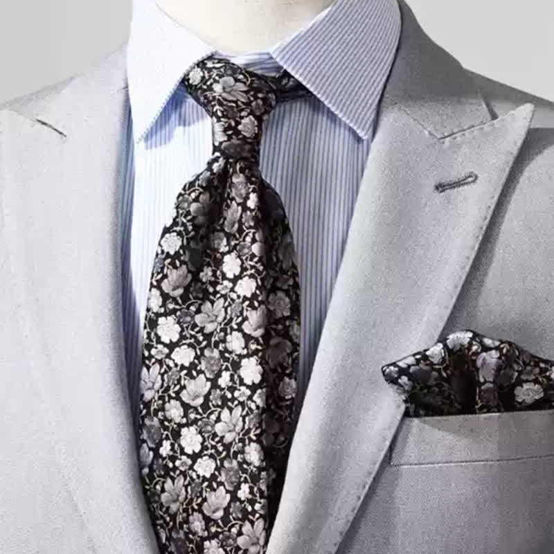 Cravate en pure soie à petits motifs floraux noirs et gris pour homme