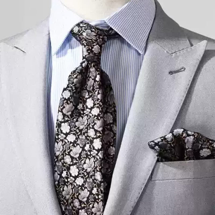 Cravate en pure soie à petits motifs floraux noirs et gris pour homme