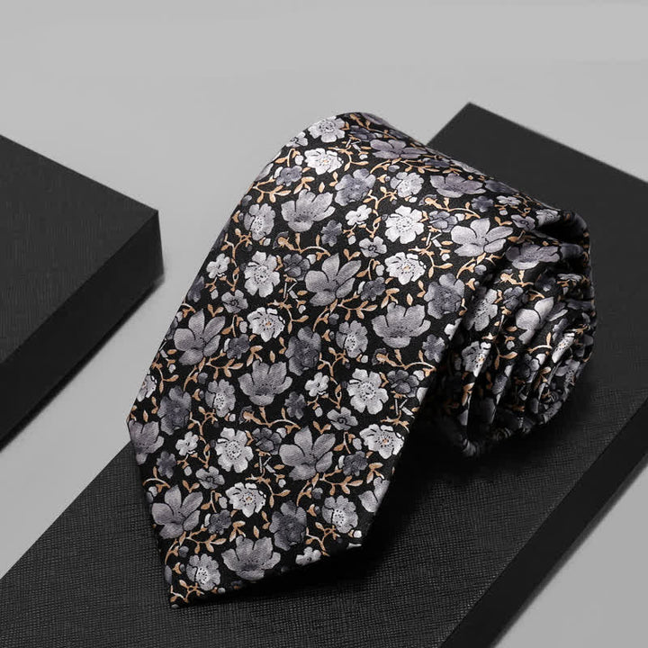 Cravate en pure soie à petits motifs floraux noirs et gris pour homme