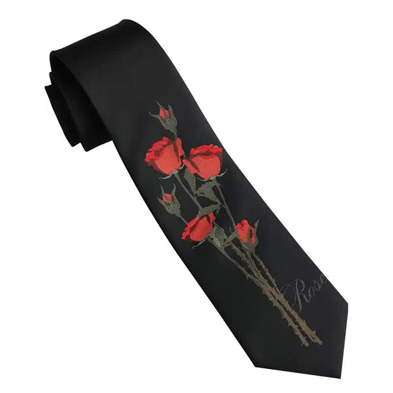 Cravate romantique noire à motif bouquet de roses rouges pour homme