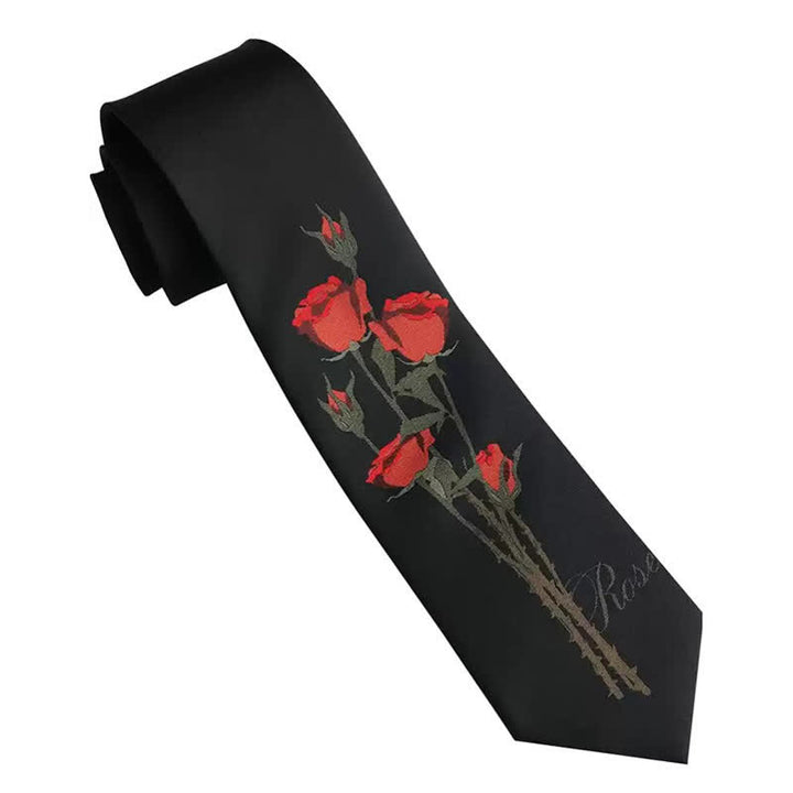 Cravate romantique noire à motif bouquet de roses rouges pour homme