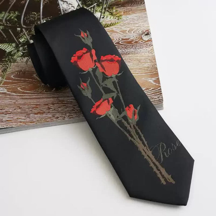 Cravate romantique noire à motif bouquet de roses rouges pour homme