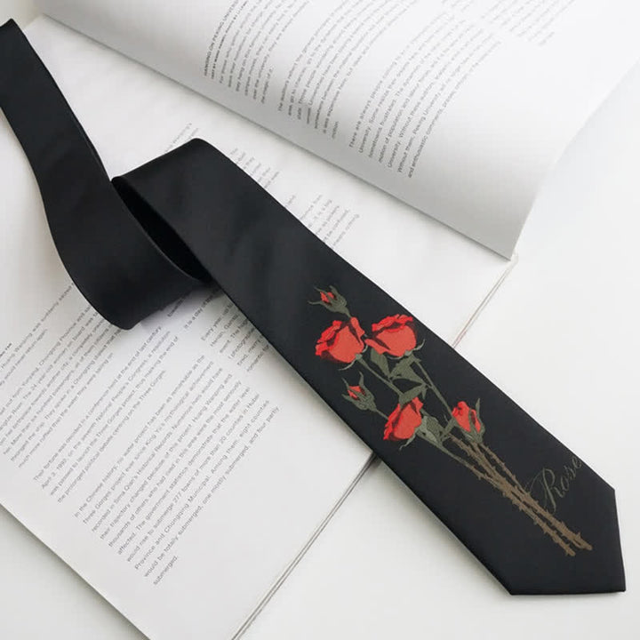 Cravate romantique noire à motif bouquet de roses rouges pour homme