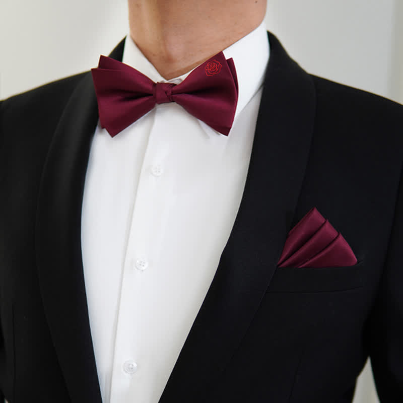 Nœud papillon mouchoir brodé rose bordeaux pour homme