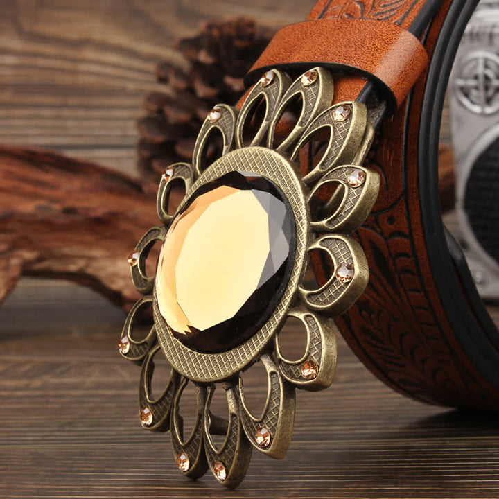 Ceinture en cuir avec boucle tournesol en cristal