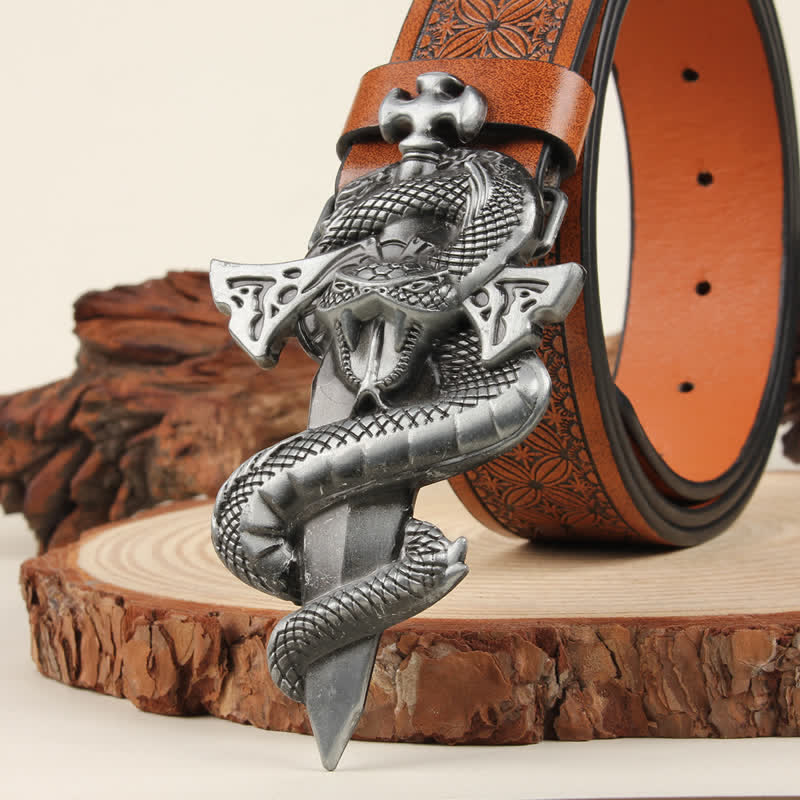 Ceinture en cuir à boucle argentée 3D The Dagger &amp; The Cobra pour homme