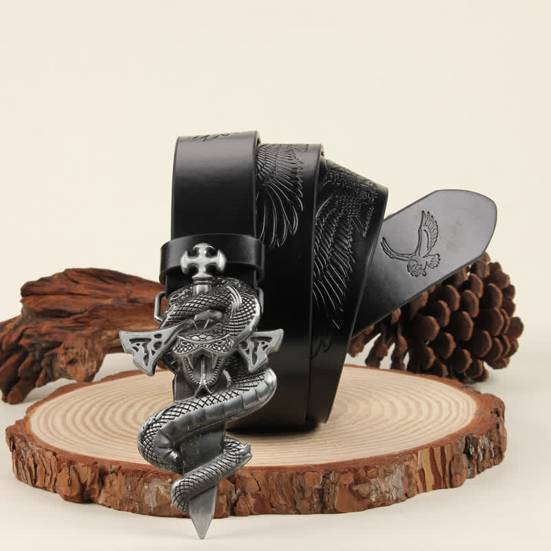 Ceinture en cuir à boucle argentée 3D The Dagger &amp; The Cobra pour homme