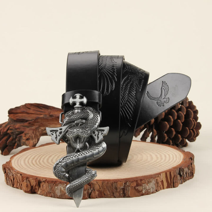 Ceinture en cuir à boucle argentée 3D The Dagger &amp; The Cobra pour homme