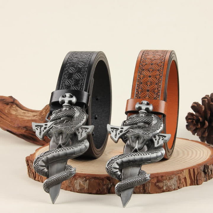 Ceinture en cuir à boucle argentée 3D The Dagger &amp; The Cobra pour homme