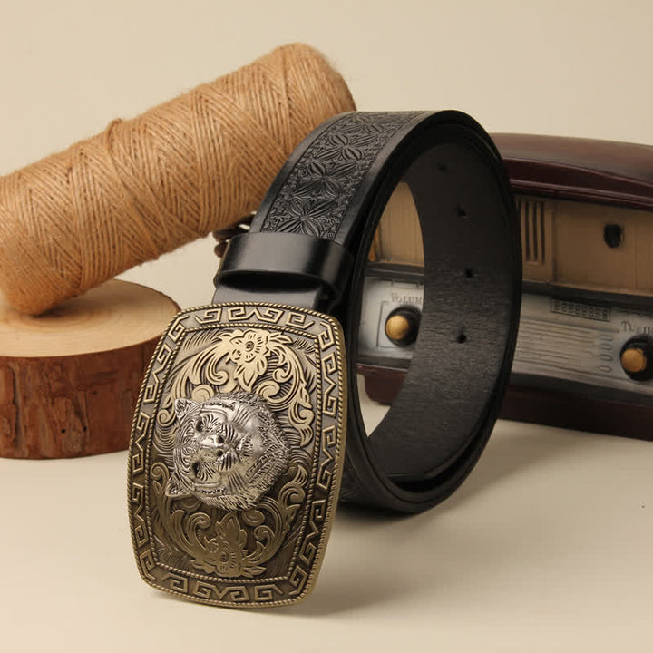 Ceinture en cuir à boucle florale sculptée avec tête de tigre pour homme