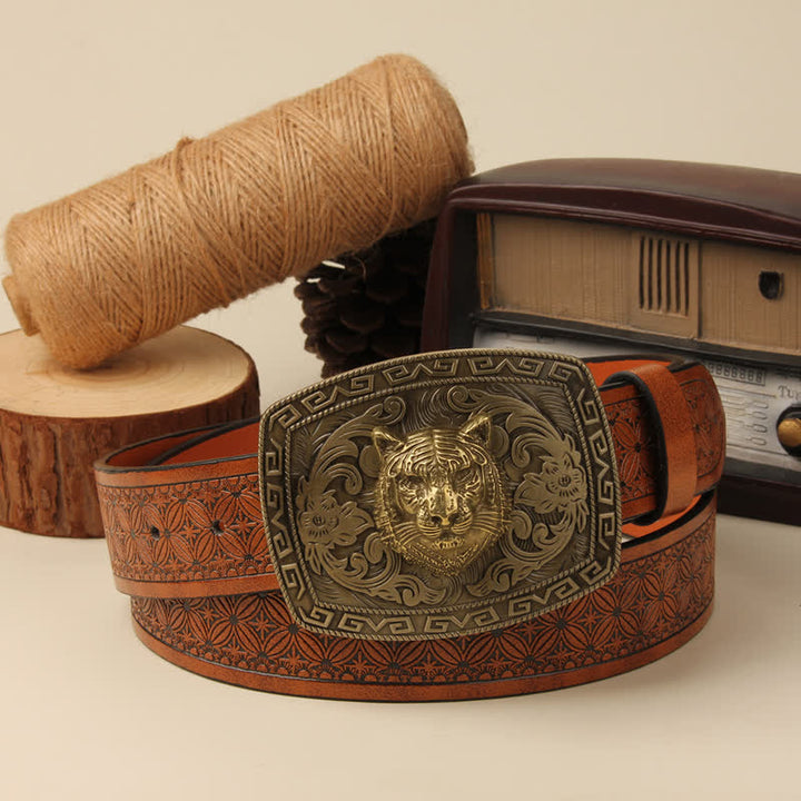 Ceinture en cuir à boucle florale sculptée avec tête de tigre pour homme