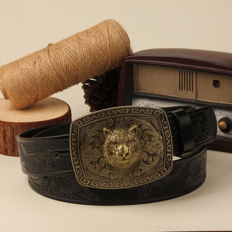 Ceinture en cuir à boucle florale sculptée avec tête de tigre pour homme