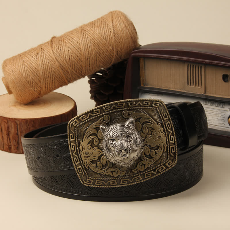 Ceinture en cuir à boucle florale sculptée avec tête de tigre pour homme