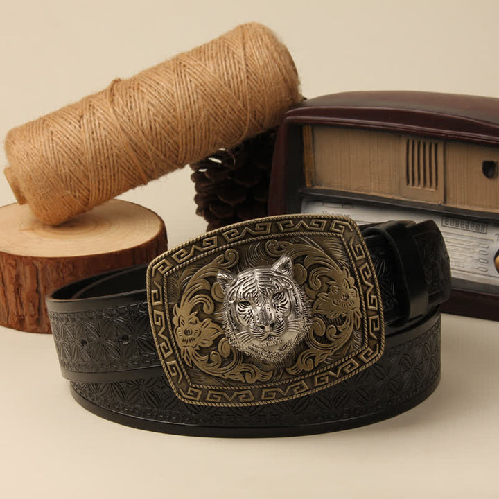 Ceinture en cuir à boucle florale sculptée avec tête de tigre pour homme