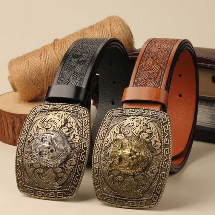 Ceinture en cuir à boucle florale sculptée avec tête de tigre pour homme