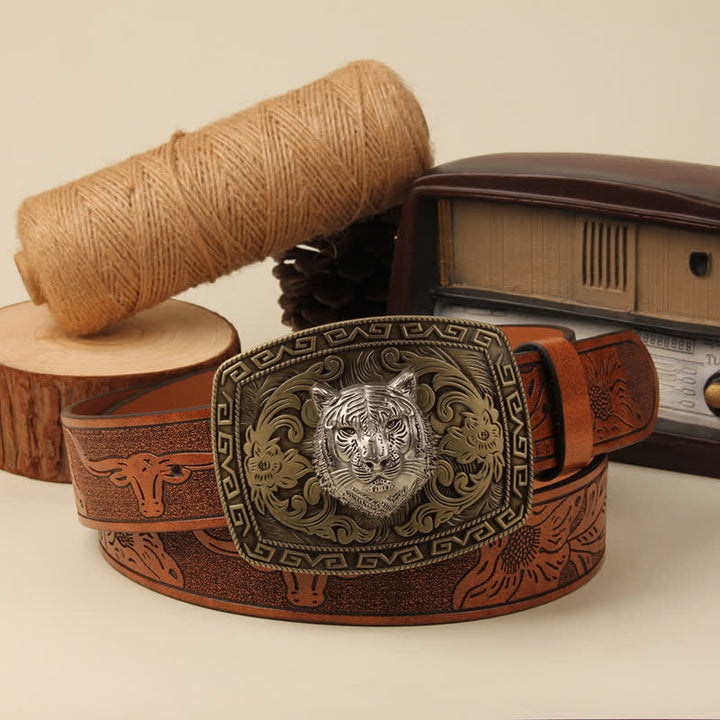 Ceinture en cuir à boucle florale sculptée avec tête de tigre pour homme
